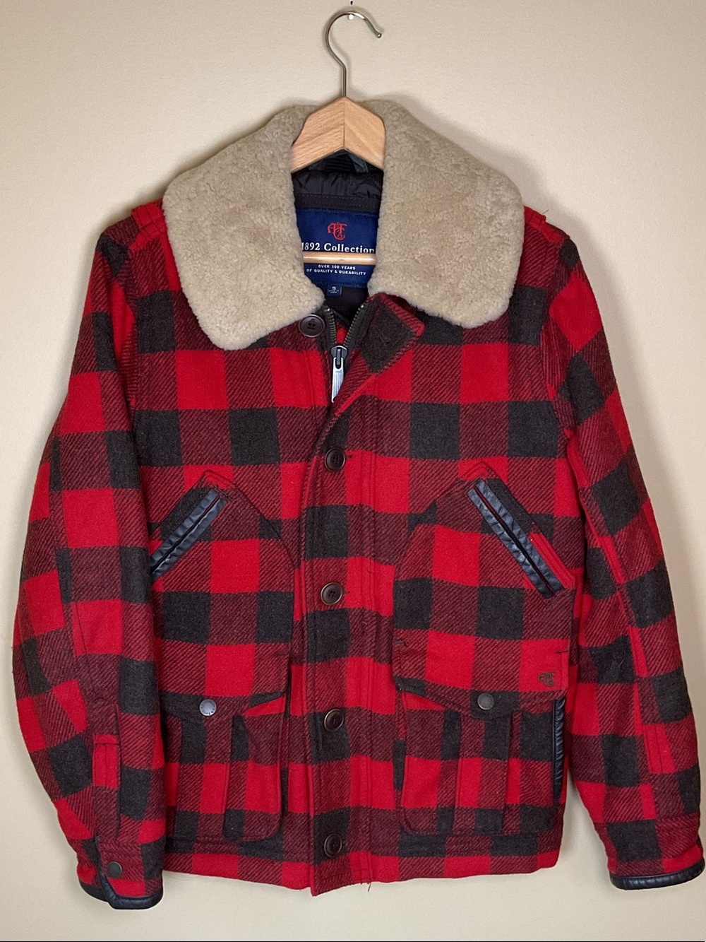 Abercrombie & Fitch Red and Black Buffalo Plaid Sherpa Collar Field Jacket Size